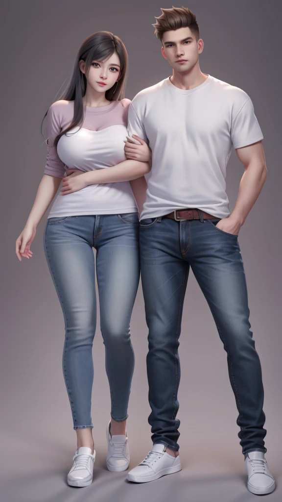 a young couple posing for a picture in front of a gray wall, wearing casual clothing,big breast,fat body,modern casual clothing, wearing jeans, casual modern clothing, wearing casual clothes, couple pose, wearing a shirt and a jean, full body pictures, lovely couple, wearing tight simple clothes, tall and slim, man and woman, casual clothing, jeans and t shirt