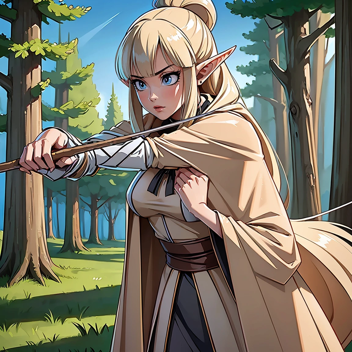 platinum blonde hair, 1girl, long hair, pointy ears, elf, huntress outfit, longbow, bow \(weapon\), nature, makeup, long eyelashes, masterpiece, best quality, intricate detail, sketch, outline, anime screencap, huge 