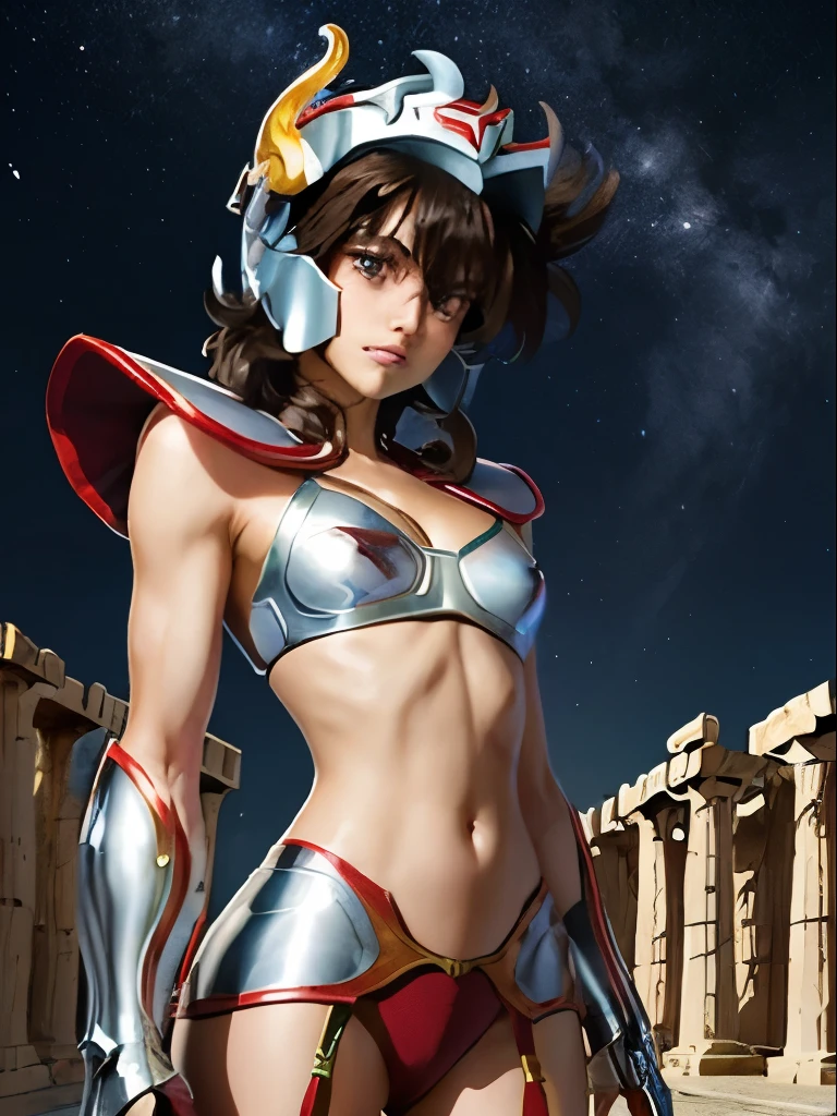 work of art, best qualityer, ultra high resolution, textura de pele realista,silver armor, armour, (photorrealistic:1.4), high resolution, CRU photo, 1 girl, shining skin, (skin-detail:1.2), textura de pele realista, better lighting, wearing red panties, standing, fully body (perfect chest:1.3), Glow Up, armour mecha, (shorth hair:1.2), (Seiya Pegasus:1.2), wearing a winged helmet, dramatic lighting, dynamic pose, (greek temple background:1.3), night sky, kosmos, Milky Way,