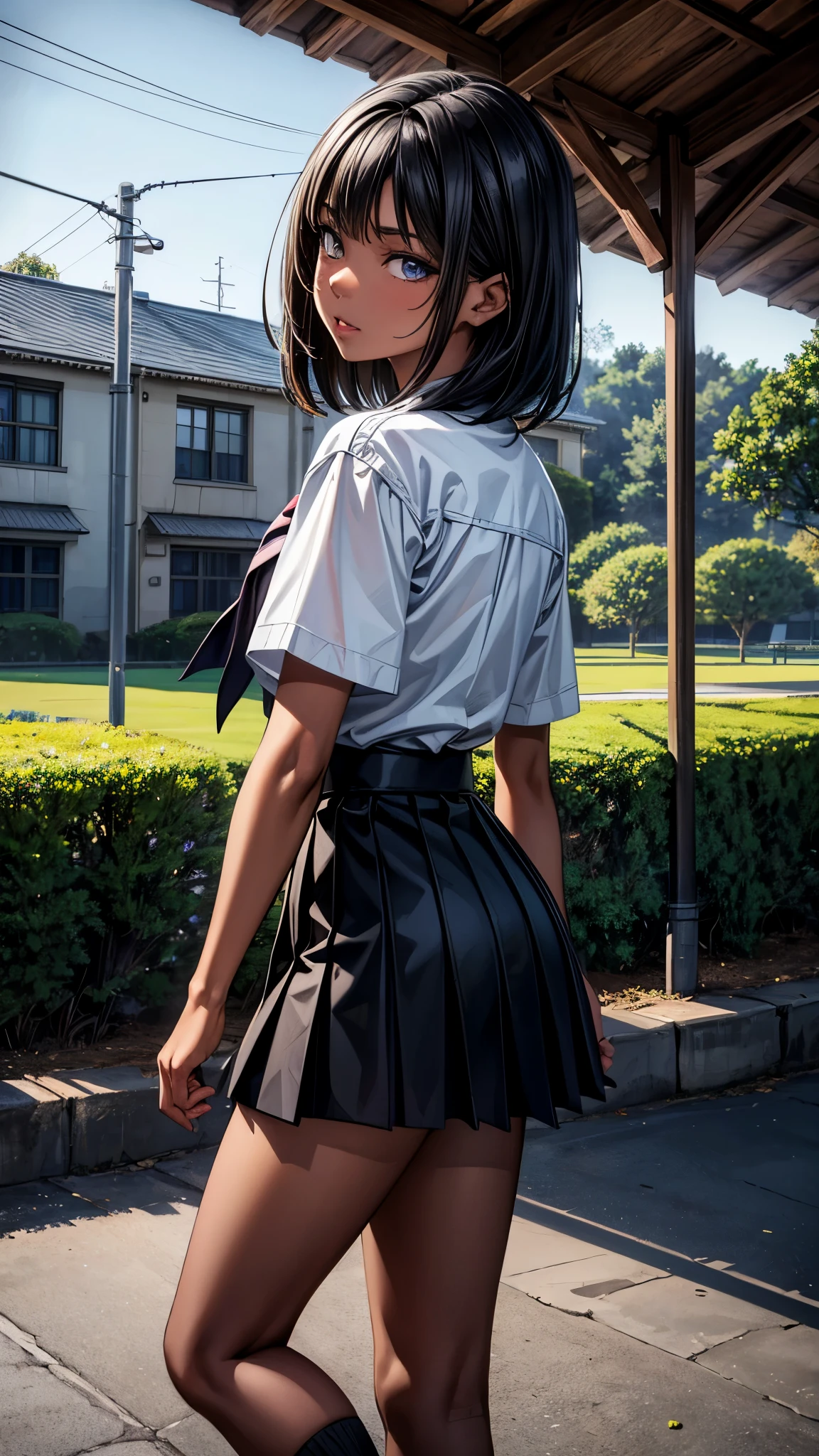 ((From side2.0)),((look away)),((face close up)),beautiful detailed eyes, beautiful detailed lips, extremely detailed eyes and face, longeyelashes, 1 Japanese girl, outside the countryside,16 years old,((dark skin color)), (very short black hair),displeased,sailor suit, dark blue color, white shirts, short sleeve, school, dark blue skirt, black skirt, high socks, sneaker, school bag, walk the countryside,((looking down1.2)),spread legs,best quality, 4k, 8k, highres, masterpiece:1.2, ultra-detailed, realistic, photorealistic, photo-realistic:1.37, HDR, UHD, studio lighting, ultra-fine painting, sharp focus, physically-based rendering, extreme detail description, professional, vivid colors, bokeh, portraits