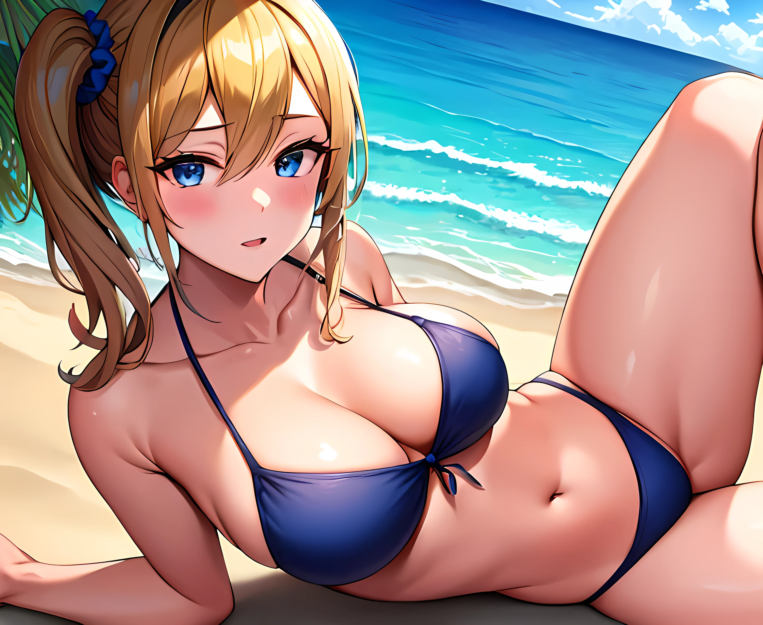 masterpiece, best quality, AiHayasakaV4, 1girl, solo, breasts, looking at viewer, blush, blue eyes, blonde hair, hair ornament, hair between eyes, nail polish, side ponytail, v, scrunchie, hair scrunchie, blue nails, bikini, black bikini, beach, sun, day, outdoors, wet, prone, waiting