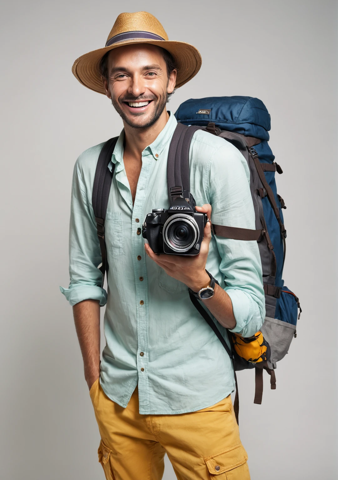 (realistic image) of a smiling tourist, standing against a plain white background. The tourist is dressed in casual travel attire, including a colorful shirt, comfortable pants, and a sun hat. He is holding a camera around his neck and a backpack over one shoulder. His expression is joyful and welcoming, with a broad smile and bright eyes. The lighting is even and natural, highlighting his features without casting harsh shadows, candid photo, torso, filmed on Agfa Vista, photograph with flash, taken on an old Polaroid camera, 8K, high detail, ultra high resolution, (realism: 1.4), original photo, realistic skin texture: 1.3, film grain: 1.3, selfie shop, expression of happiness and excitement, realistic details of clothing and accessories, cinematic lighting, best shadow, warm tone.