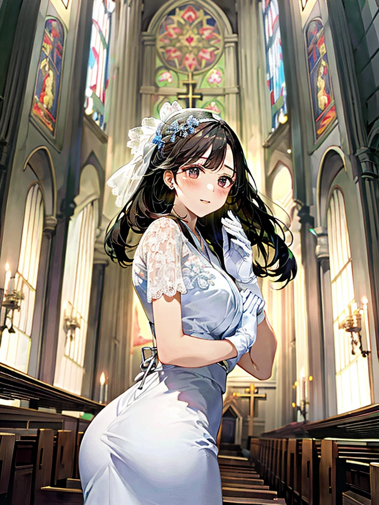 ((masterpiece))、((Highest Resolution))、((lonely japanese woman))、(Transparent white skin)、(((In the background is a large Roman church)))、(((Facing forward)))、With hands clasped together, looking up to the sky as if praying、((Depict the whole body))、High heels、Pink Wedding Dress、A dress with lots of lace、Expensive dresses、A dress with delicate embellishments、Straight long hair、Black Hair、Wearing white sheer lace wedding gloves、Narrow waist、Long lace stretches out at the back、round face、Large Breasts、