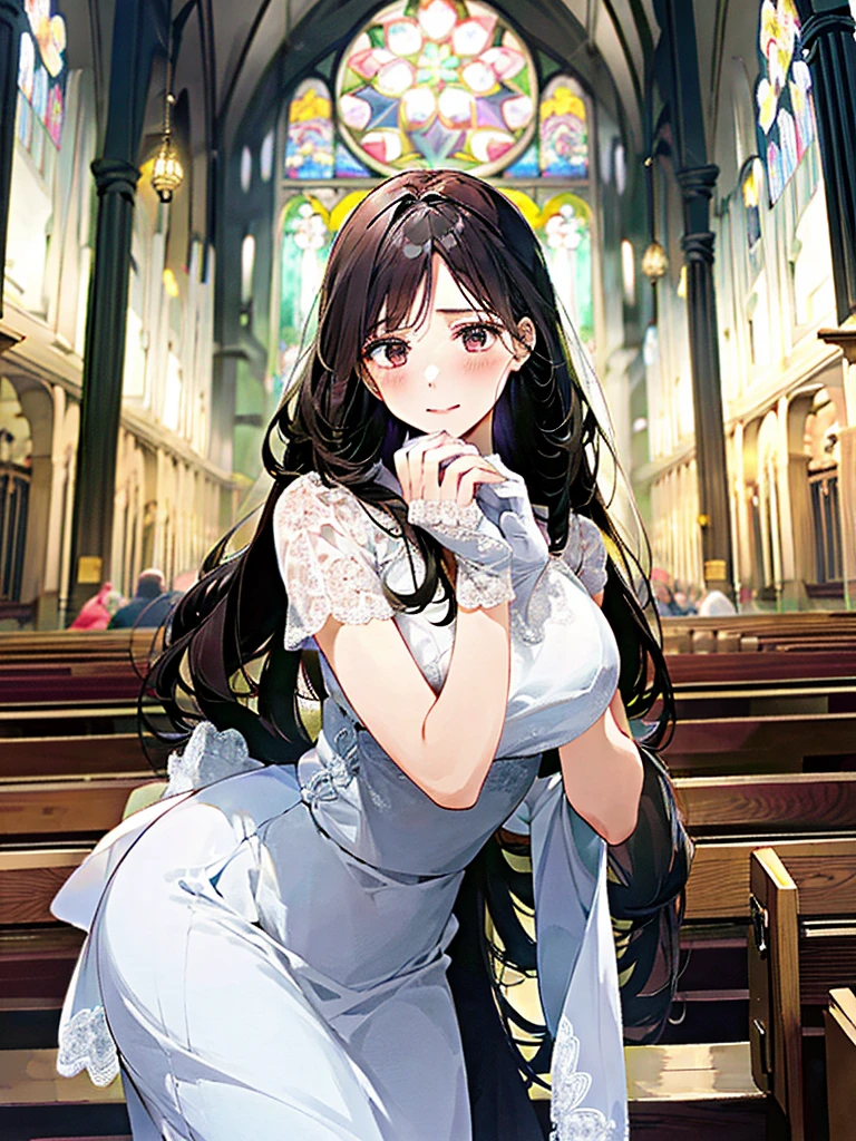 ((masterpiece))、((Highest Resolution))、((lonely japanese woman))、(Transparent white skin)、(((In the background is a large Roman church)))、(((Facing forward)))、With hands clasped together, looking up to the sky as if praying、((Depict the whole body))、High heels、Pink Wedding Dress、A dress with lots of lace、Expensive dresses、A dress with delicate embellishments、Straight long hair、Black Hair、Wearing white sheer lace wedding gloves、Narrow waist、Long lace stretches out at the back、round face、Large Breasts、