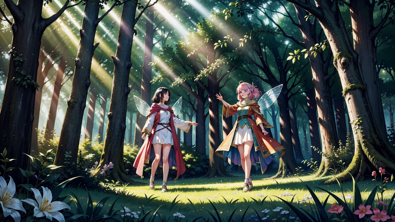 A female adventurer playing with fairies in a beautiful, mystical forest. The woman has a joyful expression, wearing a practical yet stylish outfit suitable for adventuring, with a light armor and a cloak. Her hair is flowing, and she is reaching out to the small, glowing fairies with delicate wings. The forest is lush with vibrant green foliage, tall ancient trees, and colorful flowers. The fairies leave trails of sparkling light as they flutter around her. The scene is illuminated by soft, magical light filtering through the trees, creating a dreamy and enchanting ambiance.
