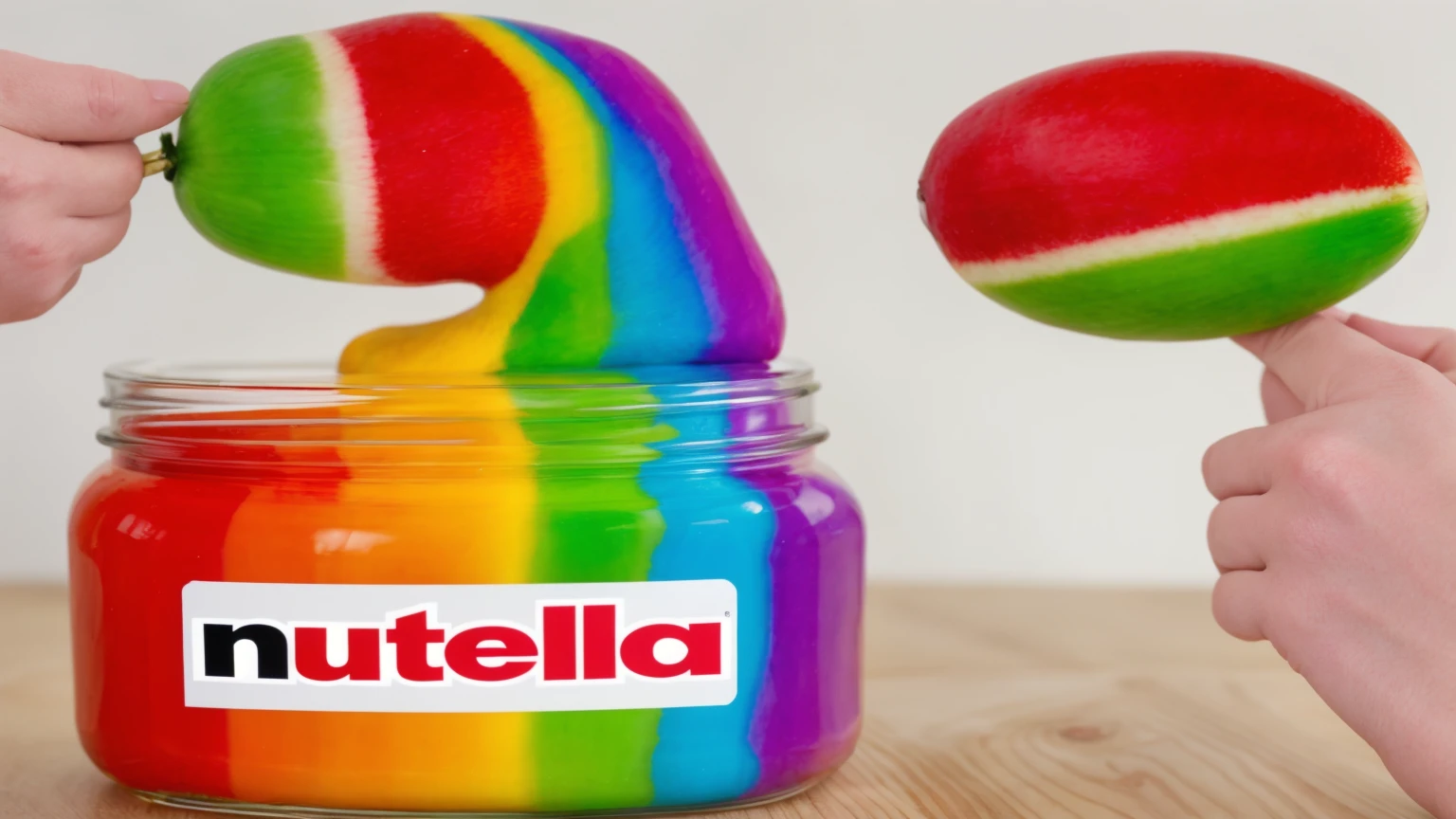 on a wooden table, there's a jar with rainbow cream inside, ice cream ((red white and green)), ice cream на деревянной палочке. ice cream soaked in rainbow cream, rainbow cream stretches, contour light, Multiple light sources, beautiful lighting, Bright light source, beautiful light sources, Beautiful sunlight, Realistic style , realistic texture, detailed texture, a high resolution, high quality, ultra hd 4k
