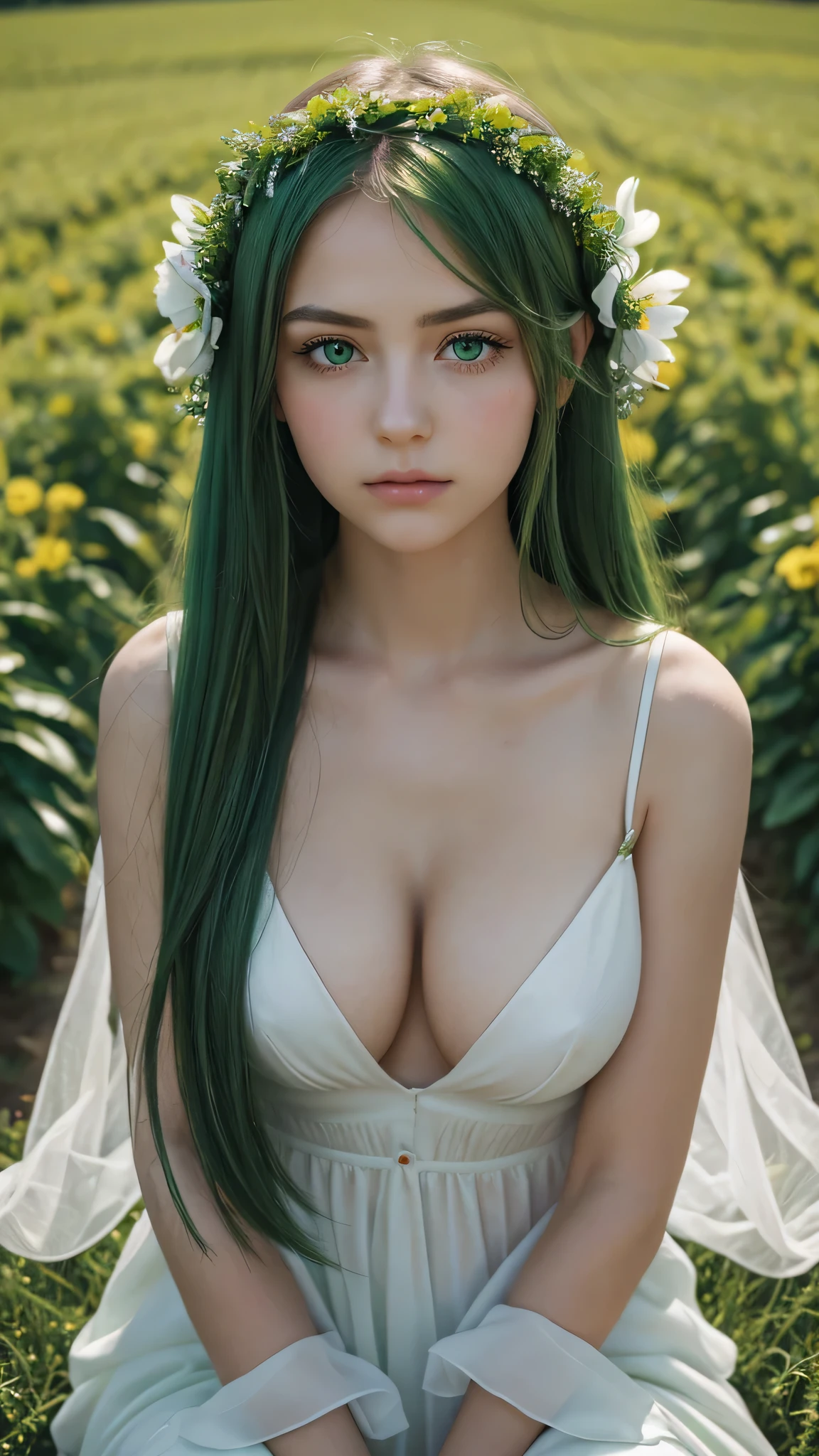 a girl. face sent feeling. Europe. Oval face. long face. delicate facial features. sad eyes. seductively seductive. green eyes. long straight hair. green hair. wreath on head. sad expression. big breasts. outfit. shy sitting posture. straight face. in the flower field