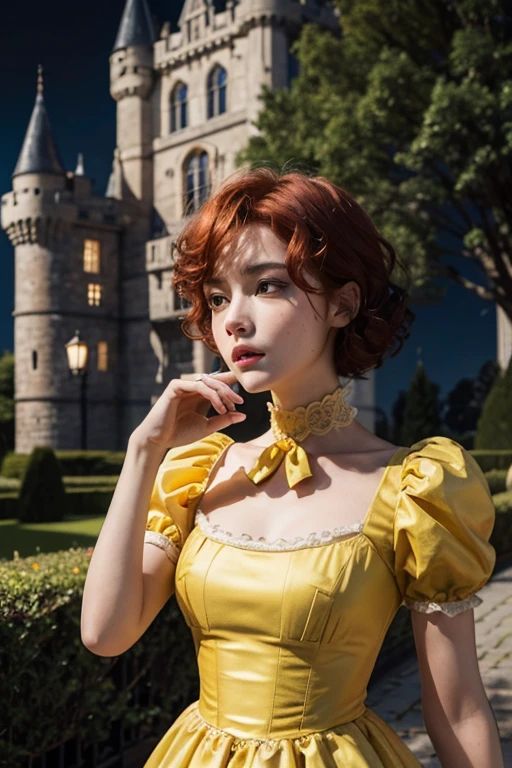  1.60, short curly hair, slim, flat bust, redhead, with punches on the face, yellow victorian dress, in the castle garden, at night, scared.