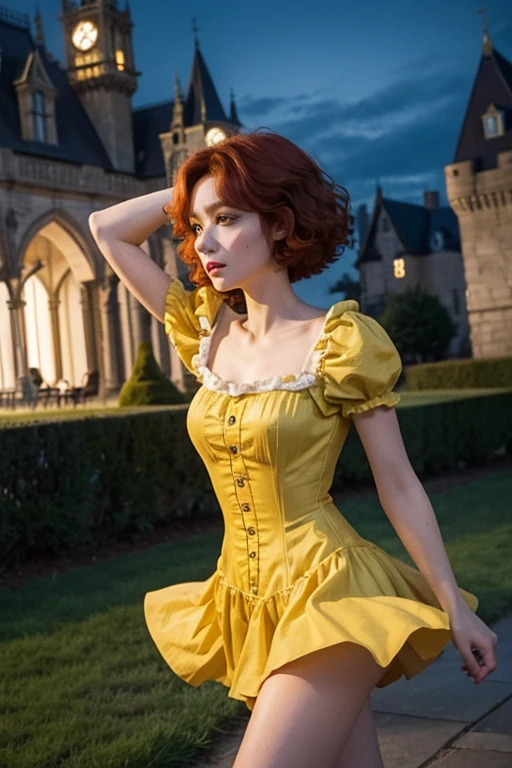 1.60, short curly hair, slim, flat bust, redhead, with punches on the face, yellow victorian dress, in the castle garden, at night, scared.
