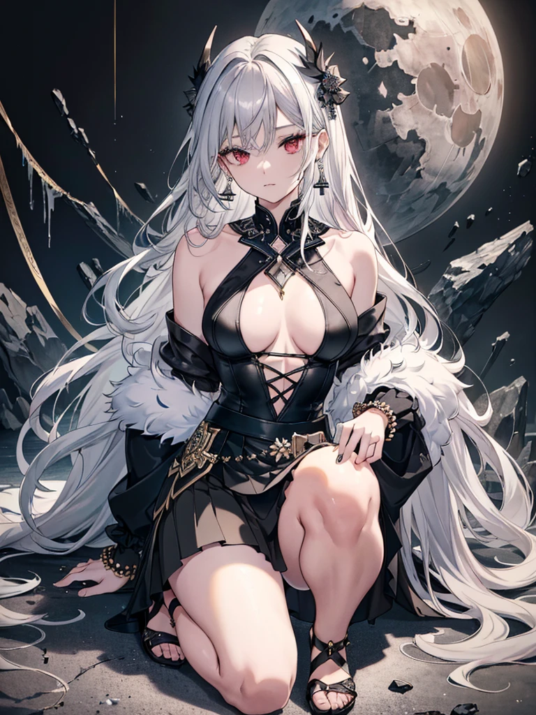 8k,High resolution RAW color art, Anime Art,Silver Marble Skin, (((Very detailed and cool))), Detailed skin, texture,(Exquisitely crafted, The finer details, Ultra-detailed art), (1 Girl), Depth of written boundary, Silky Touch, Hyper Detail, (((Cool face))), eye shadow、Armed women, Beautiful detailed red eyes, Beautiful lip detail, Highly detailed face, Delicate depiction of hair and eyes, Detailed Fashion, Golden Earrings, Slightly larger breasts,Full body depiction, Black off-shoulder、(((Bare back)))、((((Black below-the-knee skirt)))、Black tights up to the knee、Golden decoration, Gray Hair, Golden bracelet, Long Straight Hair、(((Hair)))、ice華、moonlight、Less skin area、(((Mature)))、Calm background、Black theme、ice、(((Cold)))