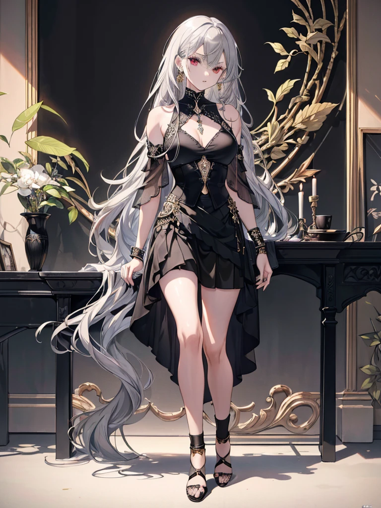 8k,High resolution RAW color art, Anime Art,Silver Marble Skin, (((Very detailed and cool))), Detailed skin, texture,(Exquisitely crafted, The finer details, Ultra-detailed art), (1 Girl), Depth of written boundary, Silky Touch, Hyper Detail, (((Cool face))), eye shadow、Armed women, Beautiful detailed red eyes, Beautiful lip detail, Highly detailed face, Delicate depiction of hair and eyes, Detailed Fashion, Golden Earrings, Slightly larger breasts,Full body depiction, Black off-shoulder、(((Bare back)))、((((Black below-the-knee skirt)))、Black tights up to the knee、Golden decoration, Gray Hair, Golden bracelet, Long Straight Hair、(((Hair)))、ice華、moonlight、Less skin area、(((Mature)))、Calm background、Black theme、ice、(((Cold)))