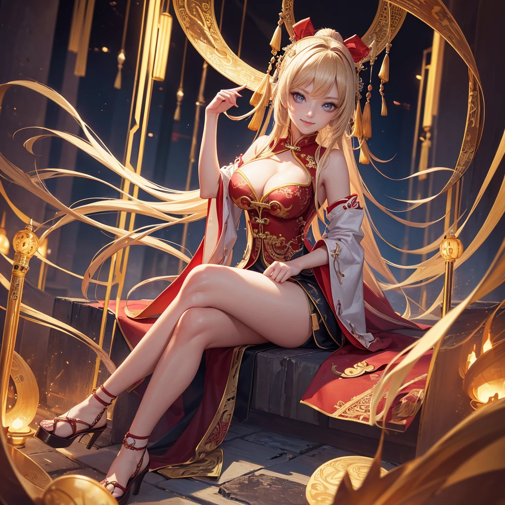 Highly detailed CG unit 8k wallpaper, masterpiece, High resolution, highest quality, highest quality real texture skin, Super Real, Digital Painting, Best image quality, 最High resolution, 8k, ((Highly detailed eyes and face)), 1girl, Beautiful eyes every detail, Full Body Shot, Chinese style embroidery, china clothes, ancient China, evil grin, evil smile,
