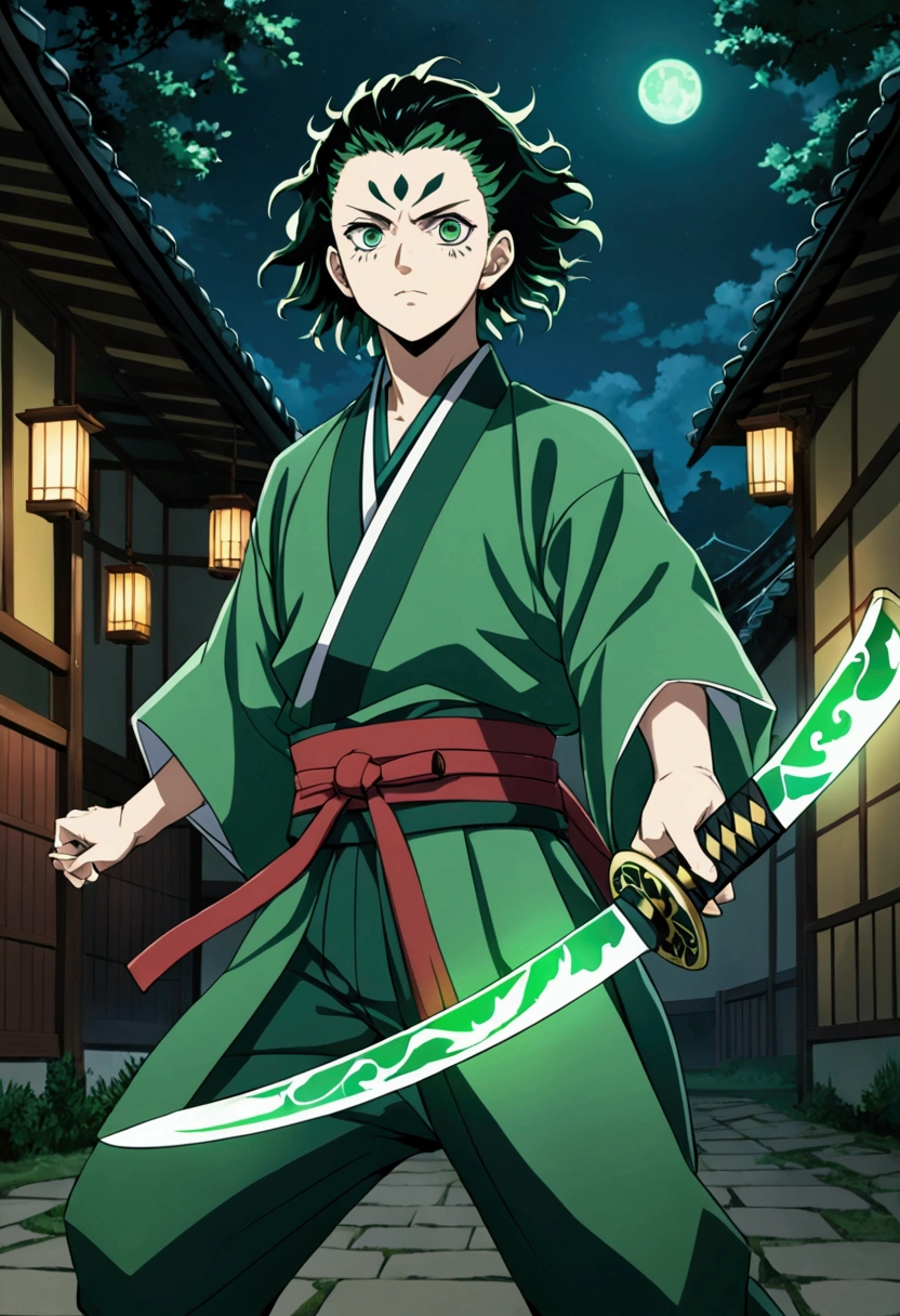 One Guy, young guy, Kimetsu no Yaiba, katana, toxic breathing style, green clothes, green eyes, sword slash, green sword aura, night backround, fixed arms, detailed arms and katana, human version, toxic aura swing, clip, anime scene, walking, talking, movement capture, mascular body