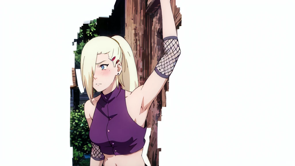 1girl, solo, looking to the right, ponytail, hair over one eye, hairclip, earrings, long hair, blonde hair, sleeveless shirt, bare shoulders, ninja, upper body, midriff, navel, fishnets, arms up, armpits, showing armpits, masterpiece, by masashi kishimoto, purple crop top, slight blush, disgusted expression, stinky armpit