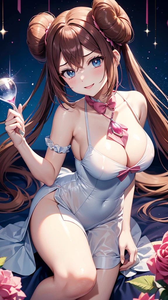 Erotic、Pokemon　May「Rose」、Twin tails and bun hair、No sleeve、Shoulder、Big Breasts、Shiny light blue sequined negligee、Pink love hotel with dim lights、Wicked Smile、Lightly open your mouth、Evil female executive、adult、Married Woman、lure