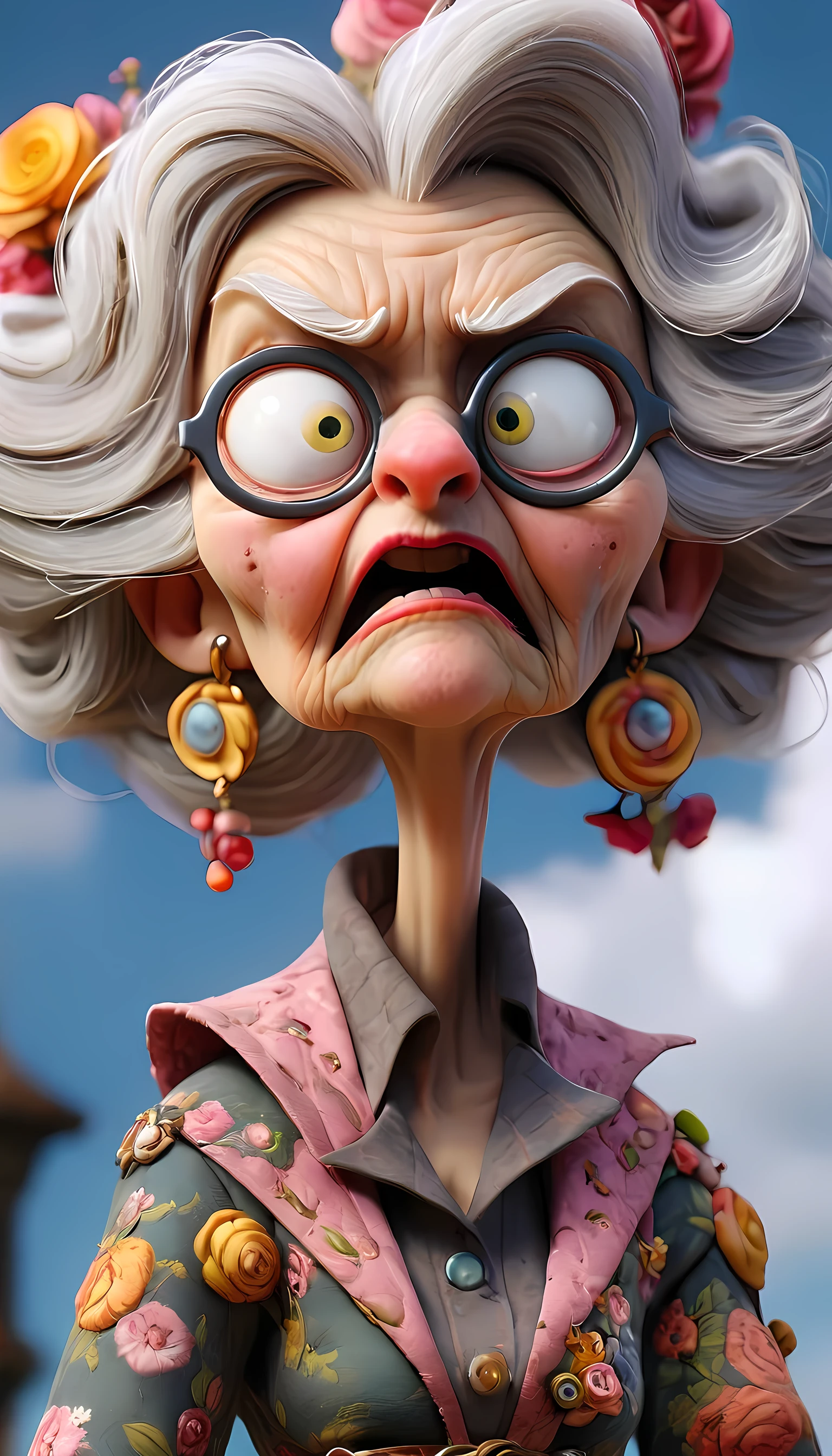 old woman, hipster, mad sky hallucination by Mundford, rococo maximalist, Сhibi by Bagshaw, Huang Tingjian, Tim Burton, detailed face features, sharp eyes, extremely detailed, photorealistic, highly detailed, organic,
dynamic, unreal engine, depth of field, ultra high quality model, high definition,
intricate details, crisp quality, 8k, hdr