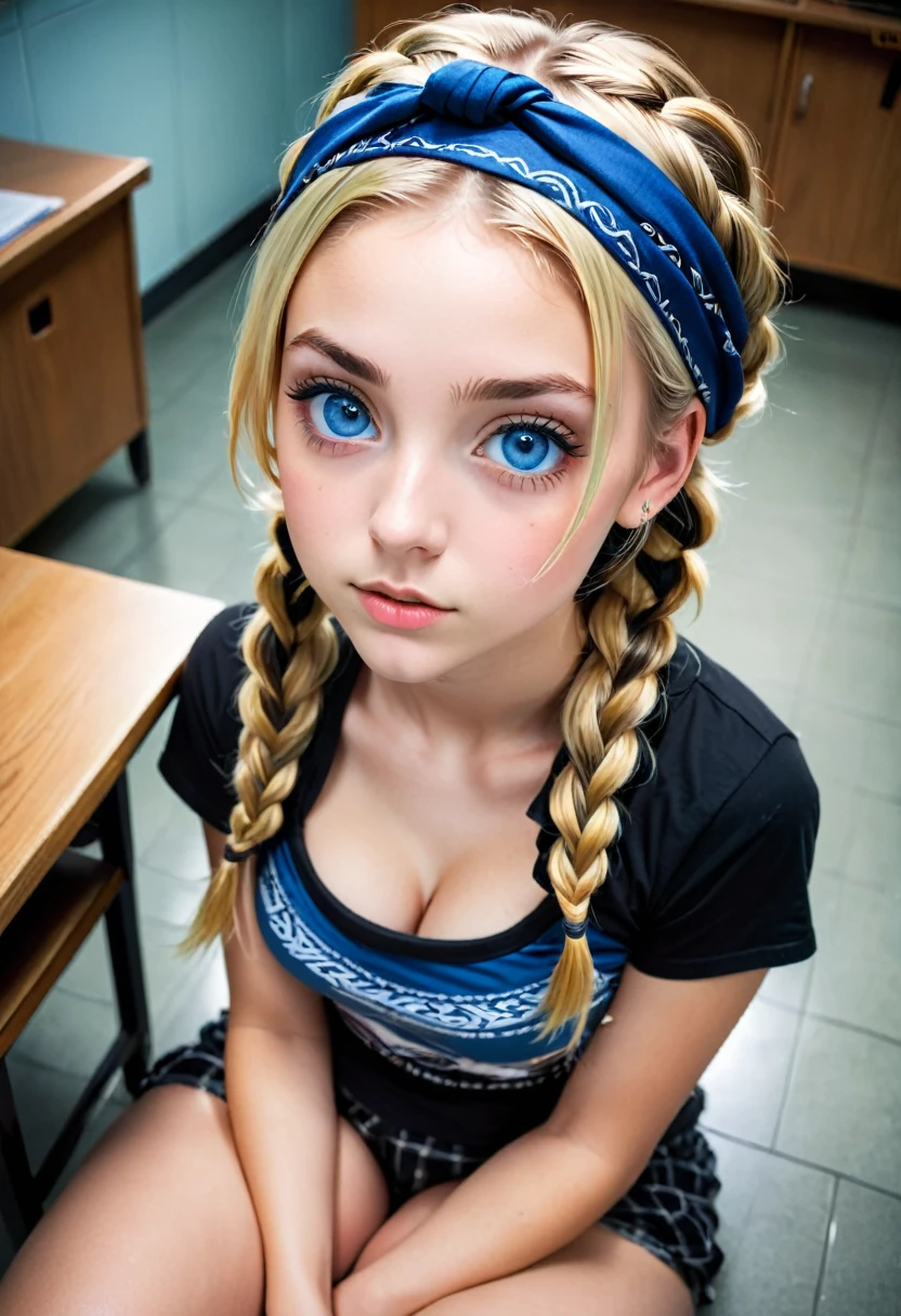 ((masterpiece)) (best quality), (ultra detailed), (vivid colors, foreshortening, depth of field, fisheye lens) from above view, looking straight down at model, a young teen girl, beautiful, blonde, 2 braids, black bandana in hair, blue eyes, medium breasts, white t-shirt, panties, sitting on her knees, looking straight up at viewer, background is a dark empty classroom, extremely low lighting