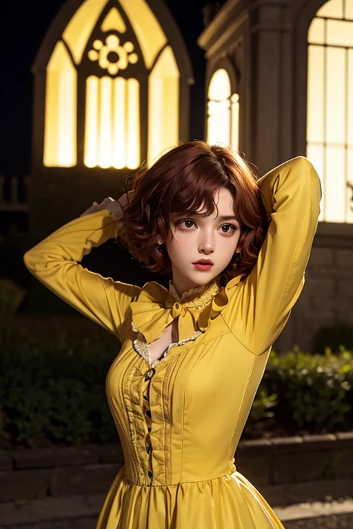  1.60, short curly hair, slim, flat bust, redhead, with punches on the face, yellow victorian dress, in the castle garden, at night, scared.
