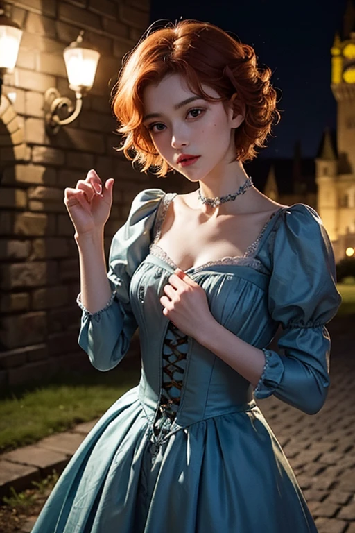 ((Chambord Castle reflected beautifully on the lake:1.3)), ((Photo shoot With the Château de Chambord in the background:1.2), (The entire castle is in the frame.), (masterpiece:1.3), light makeup, red lips, beautiful hair, (Medium Hair:1.3), elegant, soft lighting, Very fine details, masterworks, authentic texture, perfect work, (1 girl), 16k, high resolution, exquisite features, brown eyes, (Ultra-high resolution eye:1.1), Japanese idol, beautiful face,  ((artists work)), (gentle smile like a goddess), attractive, well-shaped breasts, beautiful cleavage, shiny skin, smooth skin, BREAK, ((A long Victorian Rococo dress in blue with gorgeous lace:1.3), BREAK, earrings, necklace, BREAK, Standing position, (A lovely smile)