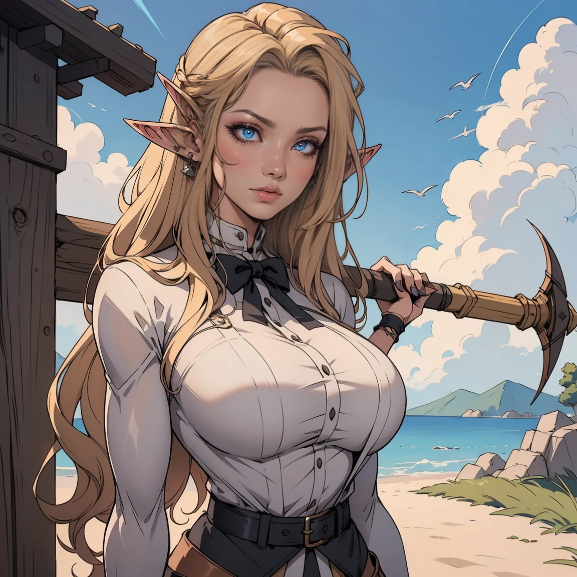 platinum blonde hair, 1girl, long hair, pointy ears, elf, huntress outfit, longbow, bow \(weapon\), nature, makeup, long eyelashes, masterpiece, best quality, intricate detail, sketch, outline, anime screencap, huge gigantic  