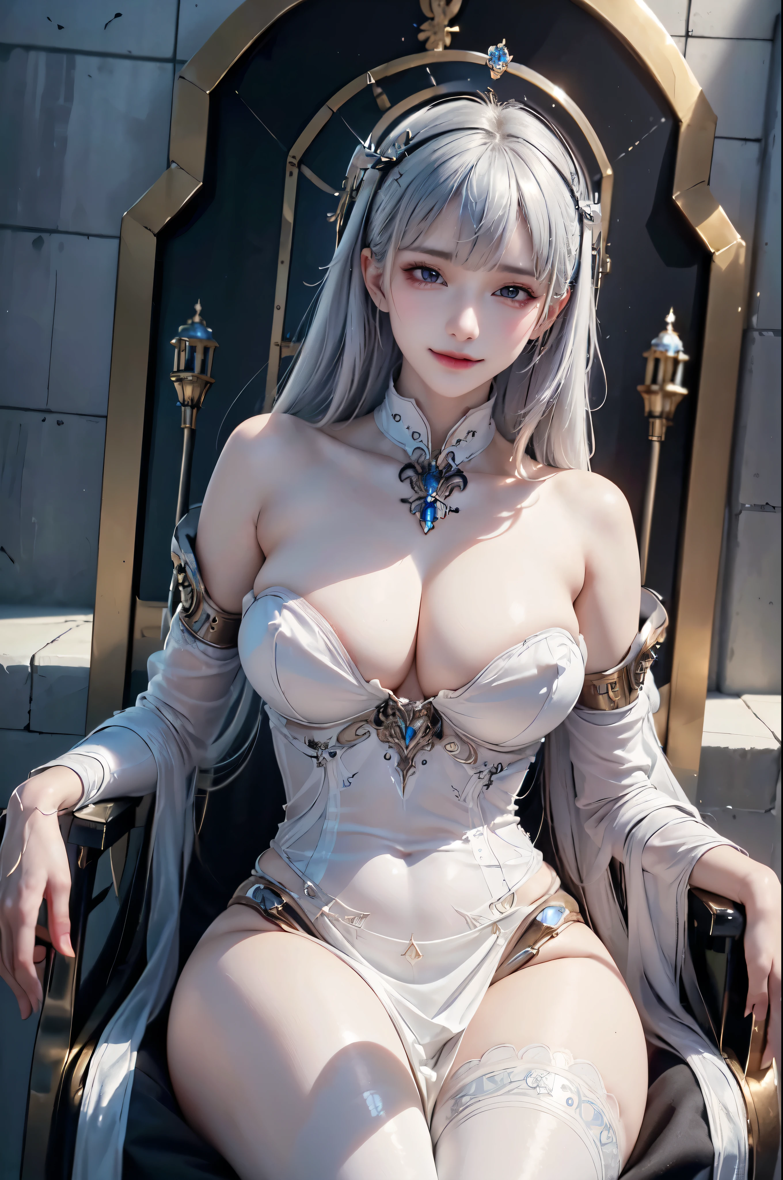 NSFW,((top quality、8k、masterpiece:1.3))Wears a silver-white mech,girl with delicate face,Highest image quality,Ultra-clear,Delicate and clear facial features,end of the world,Mechanical arm,Exquisitely detailed mechanical pattern,cyberpunk characters、numbercity、number、century、throne、