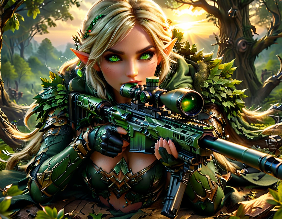 a portrait picture of a 1single female elf sniper, lying on a tree branch aiming a sniper rifle, an exotic beautiful elf sniper, blond hair, braided hair, intense green eyes, ultra detailed face, small pointed ears, forest camouflage cloths, on top of a epic fantasy tree, aiming a Barret M82, fantasy fores background, its sunset, sun rays, some clouds,  (full body shot: 1.1) , vibrant, Ultra-high resolution, High Contrast, (masterpiece:1.5), highest quality, Best aesthetics), best details, best quality, highres, ultra wide angle, 16k, [ultra detailed], masterpiece, best quality, (extremely detailed) Sniper Rifle, Intense gaze
