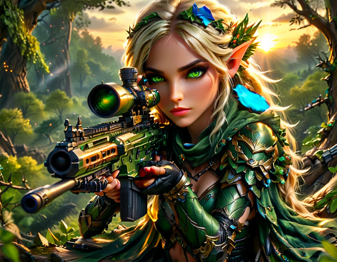 a portrait picture of a 1single female elf sniper, lying on a tree branch aiming a sniper rifle, an exotic beautiful elf sniper, blond hair, braided hair, intense green eyes, ultra detailed face, small pointed ears, forest camouflage cloths, on top of a epic fantasy tree, aiming a Barret M82, fantasy fores background, its sunset, sun rays, some clouds,  (full body shot: 1.1) , vibrant, Ultra-high resolution, High Contrast, (masterpiece:1.5), highest quality, Best aesthetics), best details, best quality, highres, ultra wide angle, 16k, [ultra detailed], masterpiece, best quality, (extremely detailed) Sniper Rifle, Intense gaze
