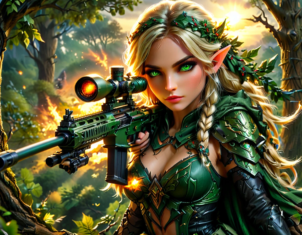 a portrait picture of a 1single female elf sniper, lying on a tree branch aiming a sniper rifle, an exotic beautiful elf sniper, blond hair, braided hair, intense green eyes, ultra detailed face, small pointed ears, forest camouflage cloths, on top of a epic fantasy tree, aiming a Barret M82, fantasy fores background, its sunset, sun rays, some clouds,  (full body shot: 1.1) , vibrant, Ultra-high resolution, High Contrast, (masterpiece:1.5), highest quality, Best aesthetics), best details, best quality, highres, ultra wide angle, 16k, [ultra detailed], masterpiece, best quality, (extremely detailed) Sniper Rifle, Intense gaze
