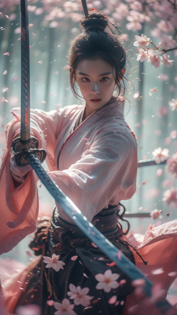 cherry blossoms,looking at viewer,holding sword,blade to side,strike pose,blade down,blade right hand,(masterpiece, best quality, high quality, highres, ultra-detailed),