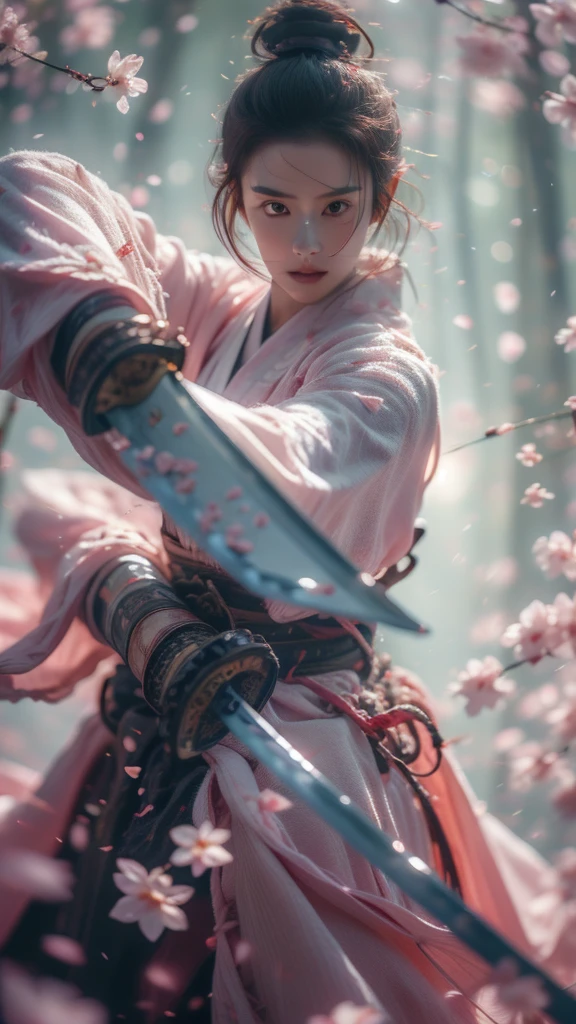 cherry blossoms,looking at viewer,holding sword,blade to side,strike pose,blade down,blade right hand,(masterpiece, best quality, high quality, highres, ultra-detailed),