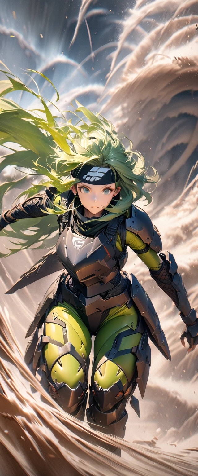 (masterpiece),(Highest quality),(High resolution),(Very detailed),8k,wallpaper,(Armored Core Style),Woman in ninja robot armor,(Tactical Forehead Protector),Random Hairstyles,(Wind Ninja),(Light green body),(Detailed face),((Cowboy Shot)),(The background is a tornado:1.3),Hair blowing in the wind,(dynamic),(Jump high into the sky),(action shot)