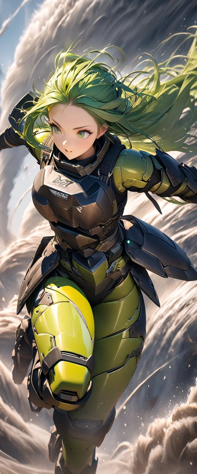 (masterpiece),(Highest quality),(High resolution),(Very detailed),8k,wallpaper,(Armored Core Style),Woman in ninja robot armor,(Tactical Forehead Protector),Random Hairstyles,(Wind Ninja),(Light green body),(Detailed face),((Cowboy Shot)),(The background is a tornado:1.3),Hair blowing in the wind,(dynamic),(Jump high into the sky),(action shot)
