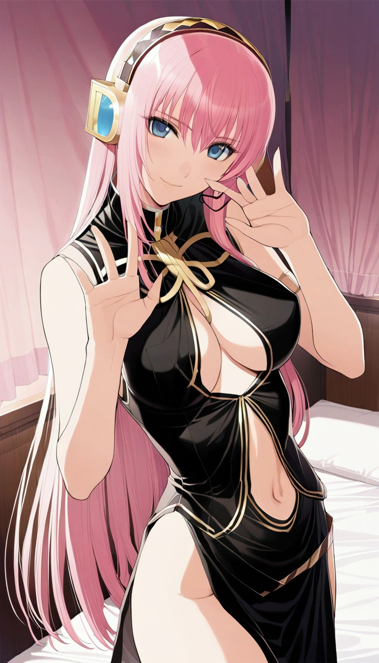 masterpiece,Detailed and beautiful depiction 1.1,Official Art,Beautiful adult woman ,Megurine Luka,Megurine Lukaの公式衣装,headphone,Black costume with gold decoration,Pink long hair,blue eyes,smile,Mr.々A pose, temptation,Bedroom