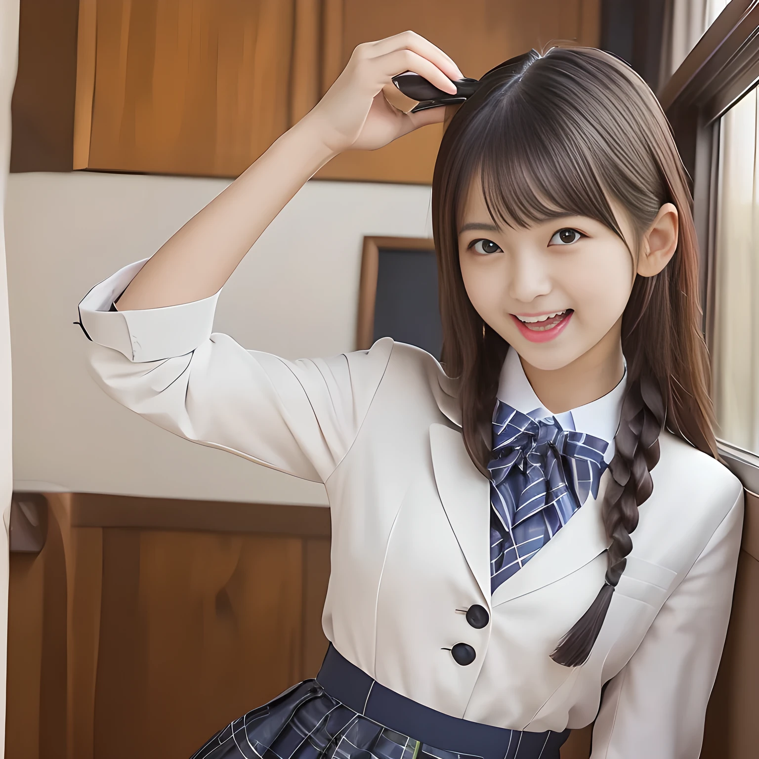 (Highest quality, masterpiece:1.2), Highest quality, High resolution, 1080P, 8k, height: 165cm, ((A noble and intelligent succubus who looks like a best proportion Japanese young lady is magically proudly hypnotizing the viewer)), ((So sweet, very noble, neat, and pretty Japanese beautiful cute girl)), ((A real, very girly, sweet, cute and noble girl)), ((((A beautiful Japanese cute fashion model)))), ((((Very pure white face and limbs)))), Glossy Lips, (Evenly cut bangs), ((Very beautiful, droopy, cute, pure, noble brown eyes)), ((Super long, black braids hair that reaches the floor)), (Very shiny, glossy Lips), ((Beautiful tight braids hair like a school promotion model)), Watch at you, ((Incredibly well organized, Rich facial expressions)), ((Plump and beautiful white skin and face)), ((Pure, clear, gentle brown eyes)), ((staring at me)), Glossy Lips, ((noble and elegant)), ((As the succubus charms you with her magic and giggles)), ((((Succubus is fascinating, calling to the depths of eternity)))), Very beautiful blue skirt, ((Large upward-curving lips)), ((Look directly at the viewer)), White Hand, (((Navy Japanese school blazer with noble golden emblem))), ((Navy and sapphire blue Japanese school uniform)), ((Tartan check pattern pleated long skirt)), ((Blue string chest ribbon)), ((((An ecstatic expression of boundless joy)))), ((Morning women only train carriage background)), ((Evilly moving tongue)), ((((Promotional image of girl's facial esthetic salon)))), perfect body, ((turning around and trying to capture me as a succubus))