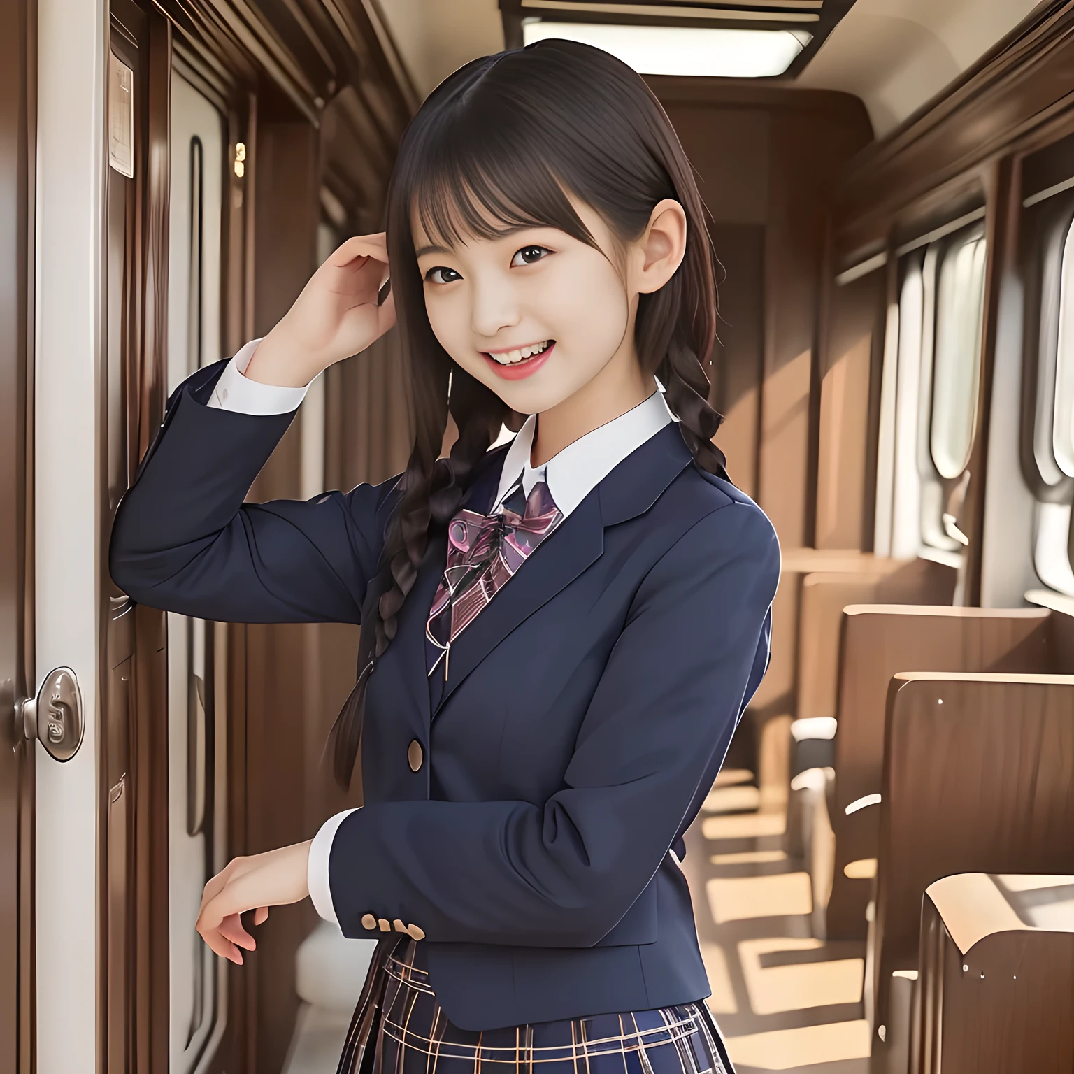 (Highest quality, masterpiece:1.2), Highest quality, High resolution, 1080P, 8k, height: 165cm, ((A noble and intelligent succubus who looks like a best proportion Japanese young lady is magically proudly hypnotizing the viewer)), ((So sweet, very noble, neat, and pretty Japanese beautiful cute girl)), ((A real, very girly, sweet, cute and noble girl)), ((((A beautiful Japanese cute fashion model)))), ((((Very pure white face and limbs)))), Glossy Lips, (Evenly cut bangs), ((Very beautiful, droopy, cute, pure, noble brown eyes)), ((Super long, black braids hair that reaches the floor)), (Very shiny, glossy Lips), ((Beautiful tight braids hair like a school promotion model)), Watch at you, ((Incredibly well organized, Rich facial expressions)), ((Plump and beautiful white skin and face)), ((Pure, clear, gentle brown eyes)), ((staring at me)), Glossy Lips, ((noble and elegant)), ((As the succubus charms you with her magic and giggles)), ((((Succubus is fascinating, calling to the depths of eternity)))), Very beautiful blue skirt, ((Large upward-curving lips)), ((Look directly at the viewer)), White Hand, (((Navy Japanese school blazer with noble golden emblem))), ((Navy and sapphire blue Japanese school uniform)), ((Tartan check pattern pleated long skirt)), ((Blue string chest ribbon)), ((((An ecstatic expression of boundless joy)))), ((Morning women only train carriage background)), ((Evilly moving tongue)), ((((Promotional image of girl's facial esthetic salon)))), perfect body, ((turning around and trying to capture me as a succubus))