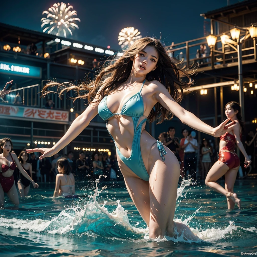 NSFW, sexy, erotic, A young woman in a beautiful swimsuit is enjoying the evening of a sea festival, intoxicated by a few cans of beer. In the background are colorful bonfires, spectacular fireworks, and a large crowd of people dancing the Bon Odori dance. The women are glamorously drunk and playing in the water. Although her swimsuit is boldly disheveled and her movements are dazed, the angle of the shot emphasizes her beauty and charm. The splashing and bobbing water is beautiful. The scene is rendered in a very detailed animation style, and every detail of the sea festival is delicately and boldly rendered. The masses of people around her gazing happily at her. The details are rich and delicate, beyond the limits of normal resolution and image quality. In addition, every detail is vividly colored, featuring dynamic poses, sharp focus, dramatic lighting, and realistic anatomical expressions that are extremely detailed and realistic in the highest quality, ultra-high definition design. --realistic ???????, --max --rt --high_quality --ultra_detail --intricate_design --extremely_detailed --hyper_realistic --zenith