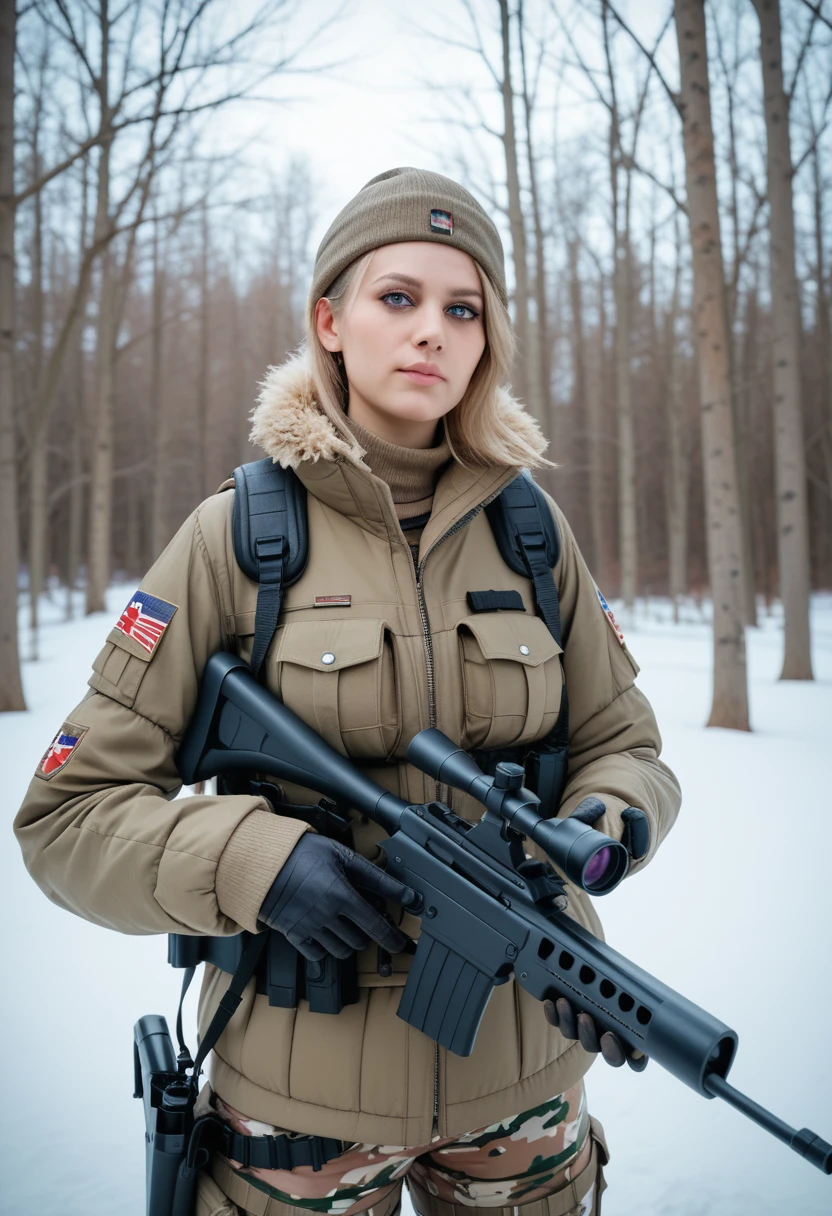 score_9, score_8_up, score_7_up, score_6_up, Sniper wolf from metal gear solid. Tundra. Fully clothed in winter camo holding rifle.  (sniper riffle), scope, Cinematic. 4k. Masterpiece, photo realistic, perfect. beautiful eyes