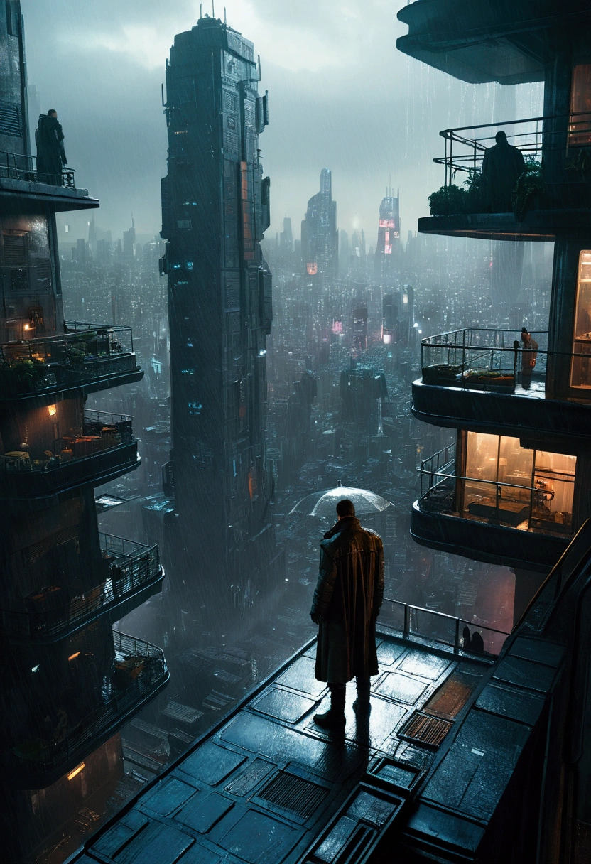 A realistic image of a futuristic city inspired by the movie Blade Runner, viewed from the perspective of a protagonist standing on a high-rise building terrace, looking down at the city. It is raining, and the scene is in 16:9 aspect ratio.