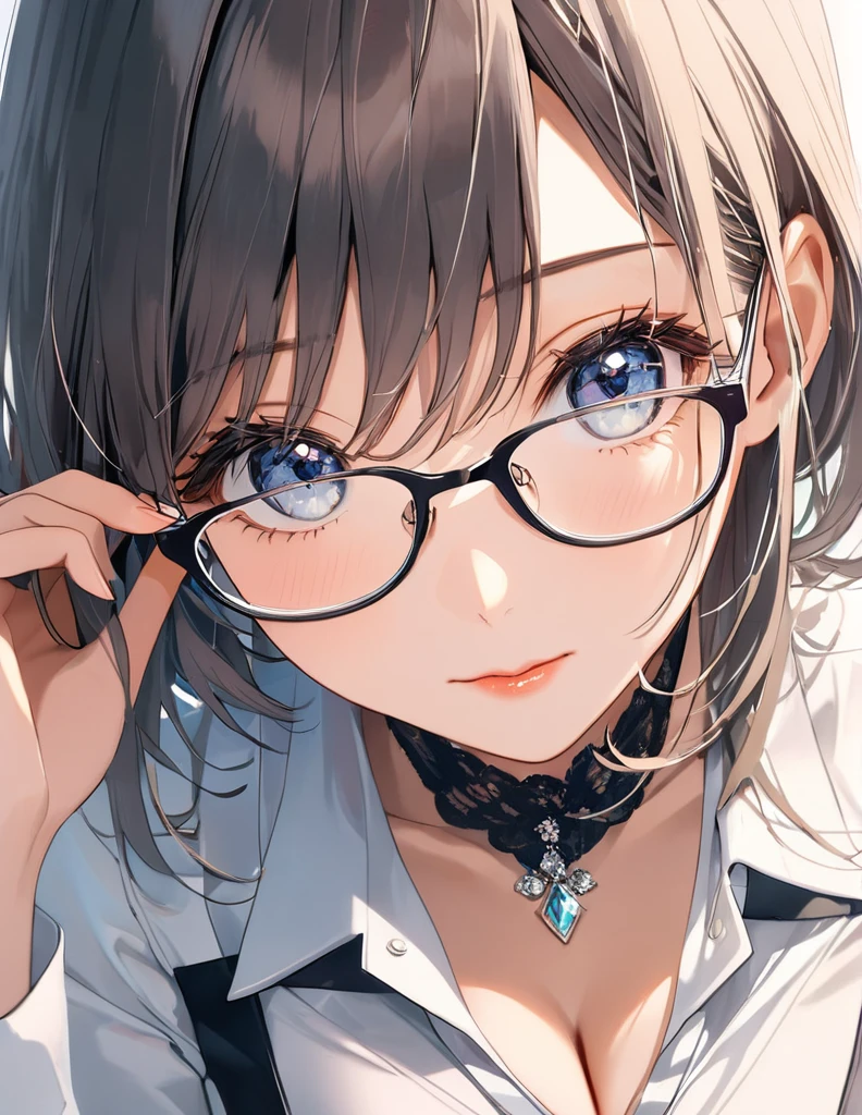 Intelligent woman with glasses, private teacher, White blouse with open neck, Tight suit skirt, Sexy Style, Looking down at the viewer, Seductive upward glance, Alluring cleavage, The action of adjusting glasses, Face close-up, Portrait Style, Shooting from above
