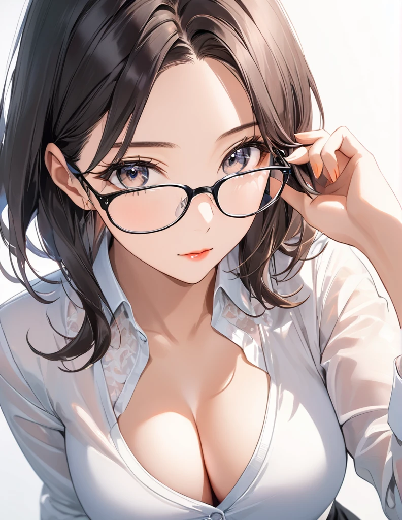 Intelligent woman with glasses, private teacher, White blouse with open neck, Tight suit skirt, Sexy Style, Looking down at the viewer, Seductive upward glance, Alluring cleavage, The action of adjusting glasses, Face close-up, Portrait Style, Shooting from above