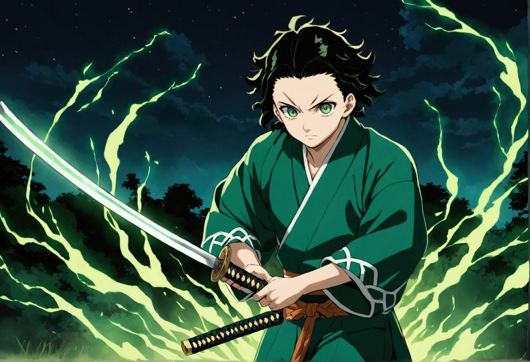 One Guy, young guy, Kimetsu no Yaiba, katana, toxic breathing style, green clothes, green eyes, sword slash, green sword aura, night backround, fixed arms, detailed arms and katana, human version, toxic aura swing, clip, anime scene, walking, talking, movement capture, mascular body