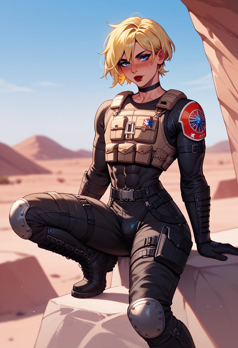 1boy, modern soldier, solo, black eyeliner, male medium length hair, medium hair texture, yellow hair, handsome, blue eyes, black choker, black clothes, black long boots, desert, red lipstick, femboy, blush, thin waist, black body armor 