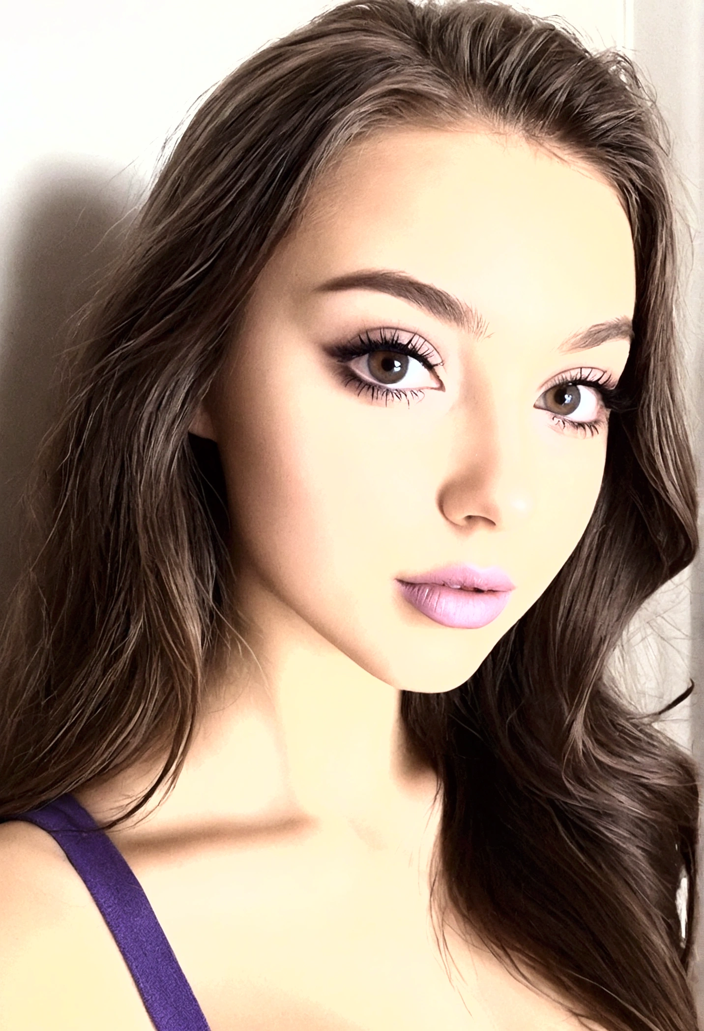 arafed femme pleinement , fille sexy aux yeux marrons, ultra réaliste, Méticuleusement détaillé, portrait sophie mudd, cheveux bruns et grands yeux, selfie d'une jeune femme, yeux de la chambre, violette myers, sans maquillage, maquillage naturel, regarder directement la caméra, visage avec artgram, maquillage subtil, superbe photo de tout le corps à genoux sur le lit, dans la chambre, Buste de taille moyenne à grande