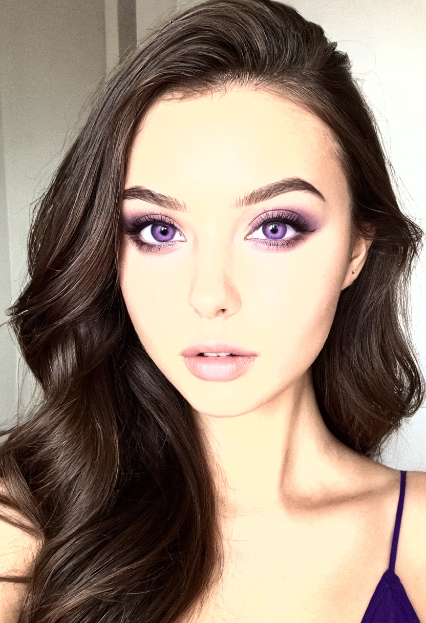 arafed femme pleinement , fille sexy aux yeux marrons, ultra réaliste, Méticuleusement détaillé, portrait sophie mudd, cheveux bruns et grands yeux, selfie d&#39;une jeune femme, yeux de la chambre, violette myers, sans maquillage, maquillage naturel, regarder directement la caméra, visage avec artgram, maquillage subtil, superbe photo de tout le corps à genoux sur le lit, dans la chambre, Buste de taille moyenne à grande