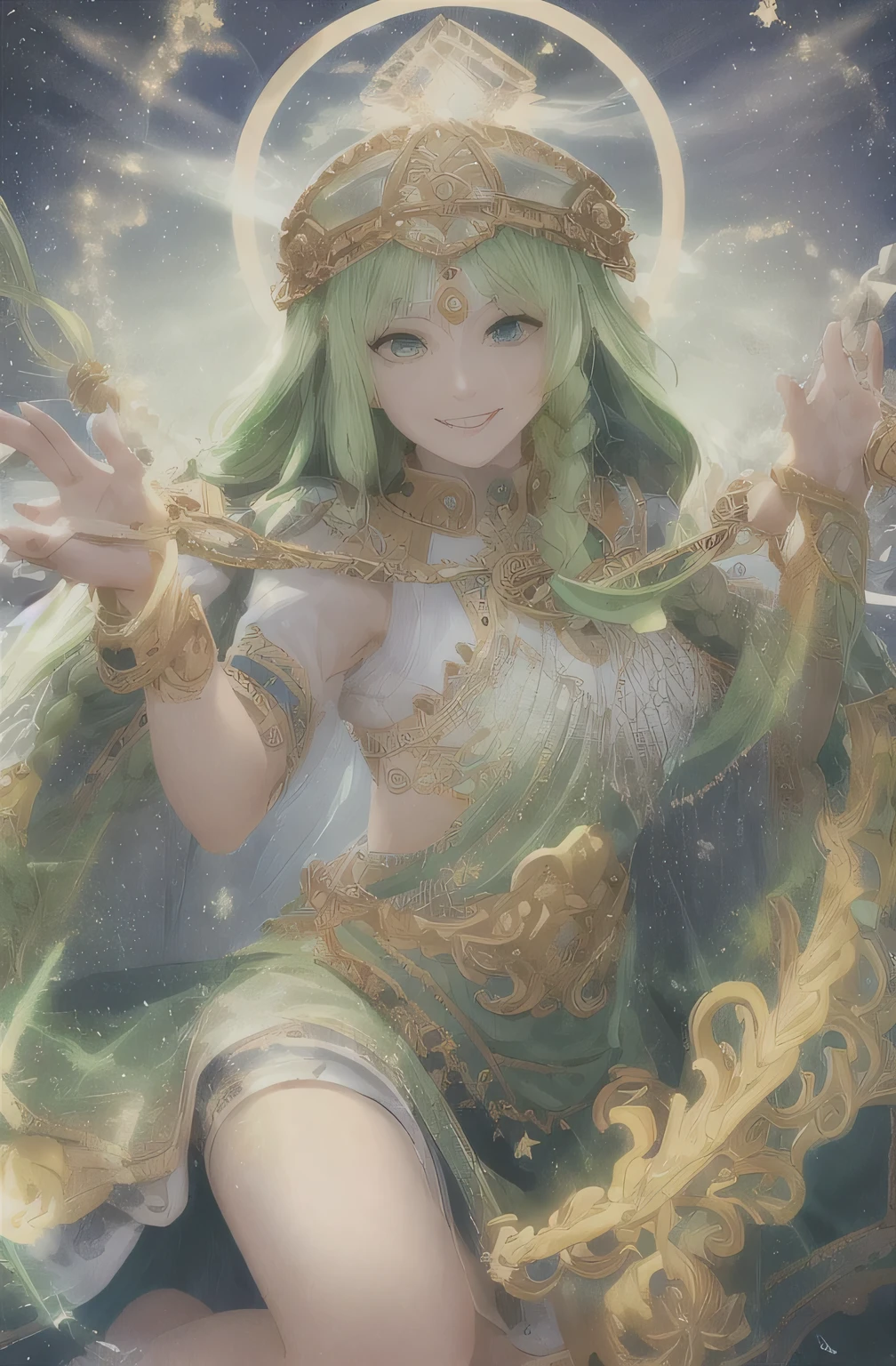 Highest quality, masterpiece, Upper Body,
(Adult:1.6) Ukrainian woman, (Grin:0.4),
Braided blonde hair,
Emerald Eyes,
Medieval sundress,
Floating light particles, Centered, high resolution