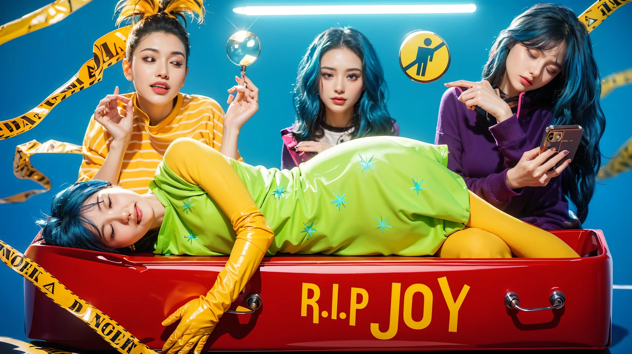 This image depicts a striking and colorful scene involving four characters. At the center, a woman with vibrant blue hair lies inside a red box with the words "R.I.P JOY" written on it. She is dressed in a vivid neon green dress paired with yellow gloves, her relaxed posture and closed eyes suggesting a peaceful or theatrical repose. Surrounding her are three other individuals in dynamic poses and bright outfits, adding layers of narrative or thematic contrast. The background features bold, saturated colors that enhance the visual impact of the scene, creating a surreal and stylized atmosphere. effectively conveying a sense of joy and creativity. аffects render, (glossy plastic texture with multiple big light probe refractions), perfect cgi, smooth silhouette, high intensity refraction, (super glossy plastic material), most beautiful vfx, , realistic, 4k, high resolution, rim light, smooth 3d model, multiple light sources, rim light, sharp post effects render,, realistic, 4k, high resolution, rim light detailed digital art, reflective, best quality, 4k, masterpiece:1.2, ultra-detailed, realistic, vivid colors, The image of the highest quality, ensuring every detail showcased perfectly. It in 4k resolution, allowing viewers to immerse themselves in the richness of the colors and intricate details. The realistic rendering. under the spotlight, reflecting, high-resolution image, realistic rendering