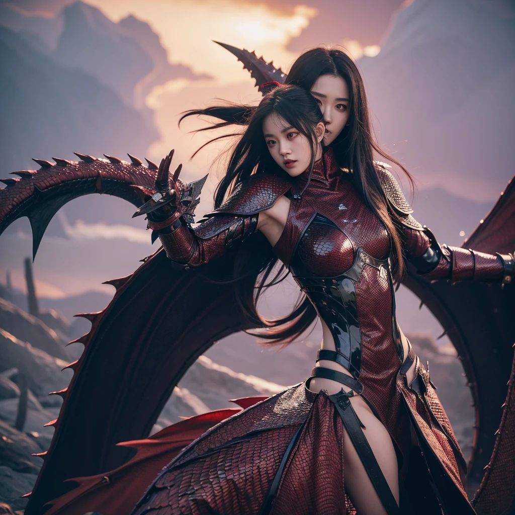 The girl with red eyes,Wearing armor made of dragon scales。Arm blades on the arms。A dark dragon tail stretched out from the girl's tail.。She waved her magic wand。Waving in a swirl of flames。