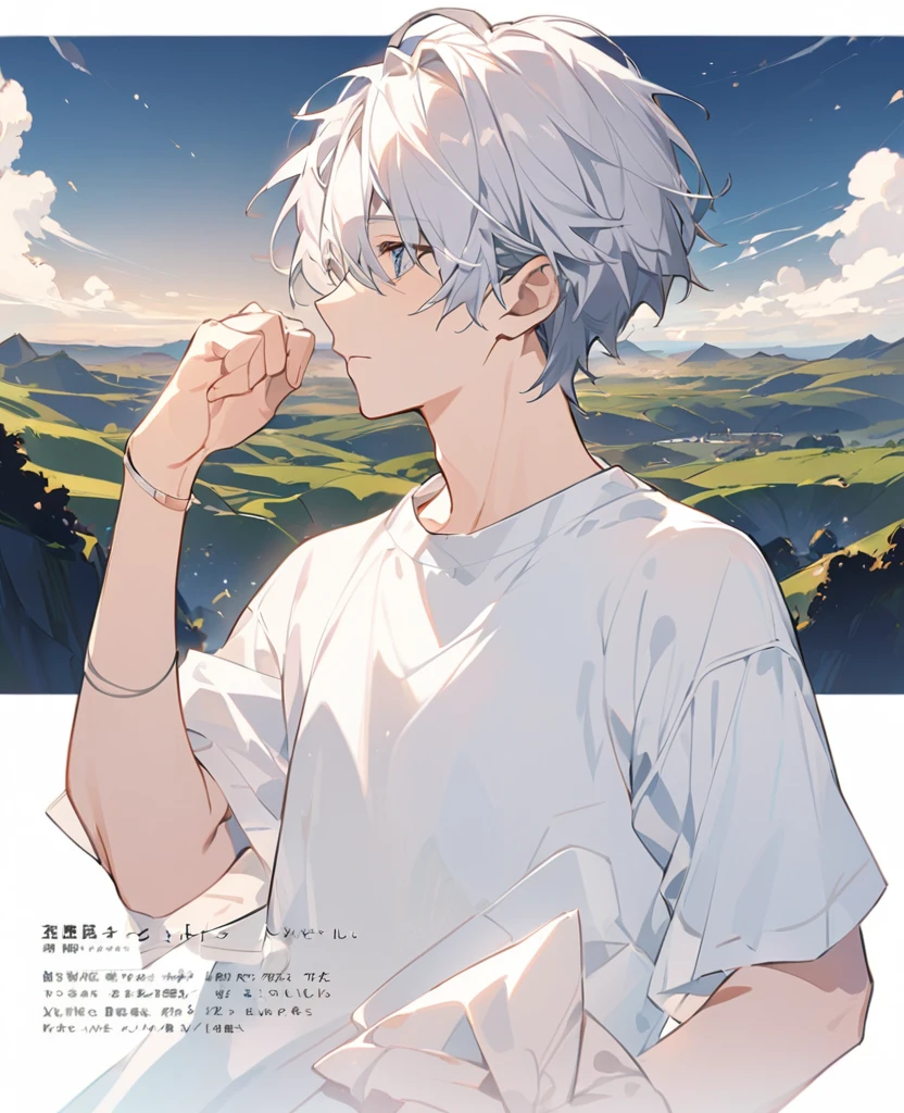 shirt、Man in a shirt、White shirt、Landscape、Horizontal view。Look to the side、Male close-up、Upper body view、Character Sheet、Put your arms forward、Laying hands、Place your hands in front of you