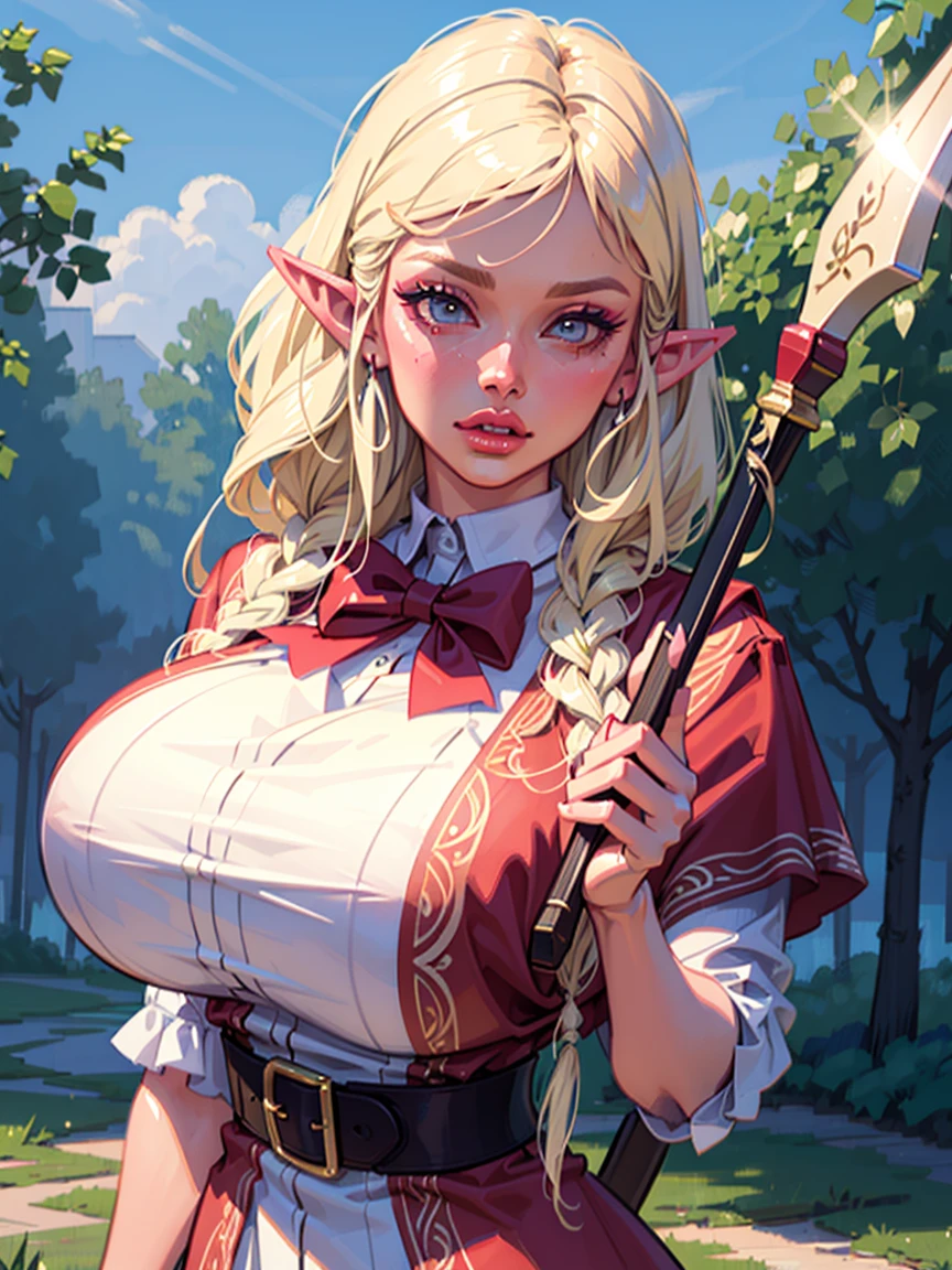 platinum blonde hair, 1girl, long hair, pointy ears, elf, huntress outfit, longbow, bow \(weapon\), nature, makeup, long eyelashes, masterpiece, best quality, intricate detail, sketch, outline, anime screencap, huge