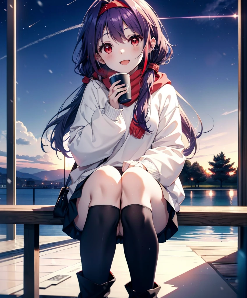 yuukikonno, Konno Yuuki, Long Hair, Pointed Ears, Purple Hair, (Red eyes:1.5), (Small breasts:1.2), Open your mouth,happy smile, smile, Open your mouth,hair band,low twin tail,Red Scarf,Oversized purple hoodie,Long skirt,Black pantyhose,short boots,Holding a paper cup of coffee in both hands,Sitting on a bench,snowが降っている,snowが降り積もっている,snow,snow,snow,snow,snowが積もった木,winter,Cold Sky,night,whole bodyがイラストに入るように,
break looking at viewer,  whole body,
break outdoors, garden,
break (masterpiece:1.2), Highest quality, High resolution, unity 8k wallpaper, (figure:0.8), (Beautiful attention to detail:1.6), Highly detailed face, Perfect lighting, Highly detailed CG, (Perfect hands, Perfect Anatomy),